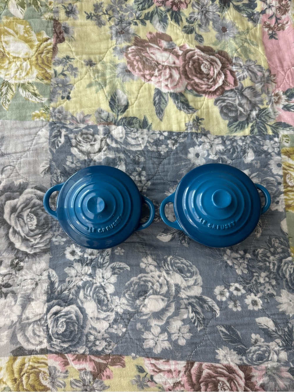 New 2 Le Creuset Mini Round Cocotte in Marseille Blue.